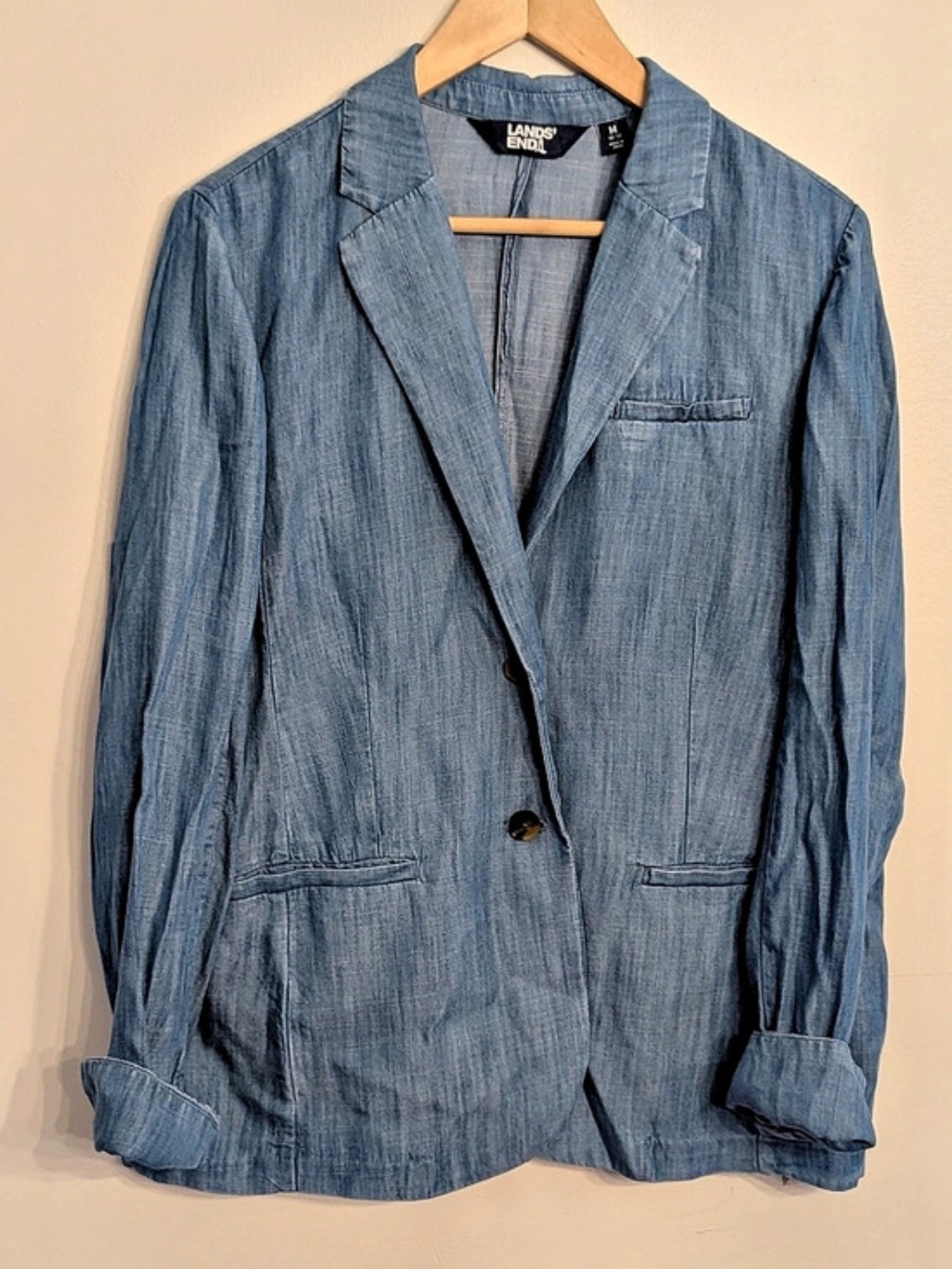 Lands' End Chambray Blazer Jacket Blue Medium